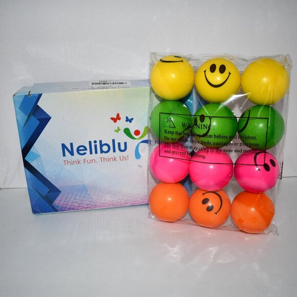 Neliblu Be Happy! Neon Colored Smile Funny Face Stress Balls Set of 12 Balls NIB - Picture 1 of 3
